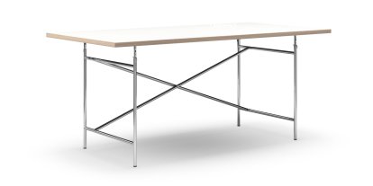 Eiermann Tisch, Melamin weiß mit Eichekante, 180 x 90 cm, Chrom, senkrecht, versetzt (Eiermann 2), 135 x 66 cm