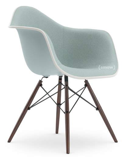 Eames Plastic Armchair DAW, Eisgrau, Mit Vollpolsterung, Eisblau / elfenbein, Standardhöhe - 43 cm, Ahorn dunkel