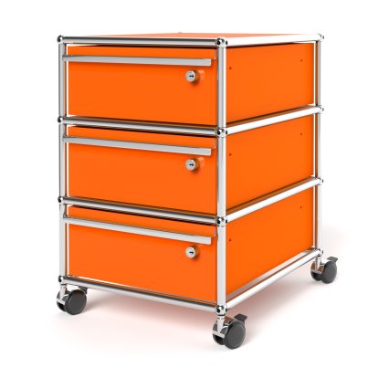 USM Haller Rollcontainer mit 3 Schubladen Typ 1 (mit Gegengewicht), Alle Fächer mit Schloss, Reinorange RAL 2004