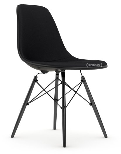 Eames Plastic Side Chair DSW, Tiefschwarz, Mit Vollpolsterung, Nero, Standardhöhe - 43 cm, Ahorn schwarz