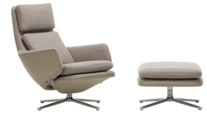 Grand Relax Loungesessel, Mit Ottoman, Stoff Cosy, fossil / Leder Forte, sand, Poliert, 41,5 cm
