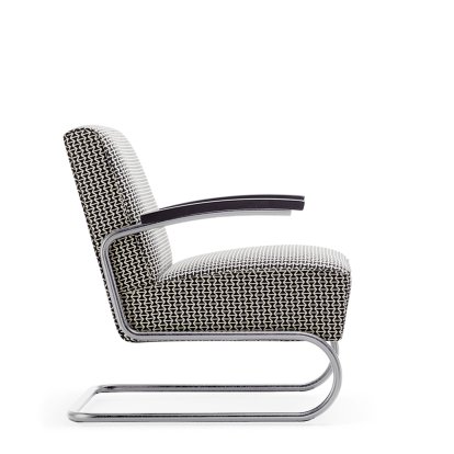 S 411 Freischwinger-Sessel, Stoff Double Triangles, Verchromt, Ohne Fußhocker, Ohne Gleiter