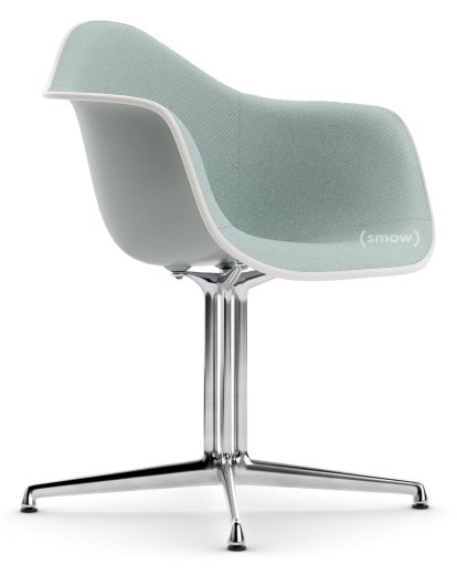 Eames Plastic Armchair DAL, Hellgrau, Mit Vollpolsterung, Eisblau / elfenbein, Aluminium poliert, Neue Sitzhöhe (43,0 cm)