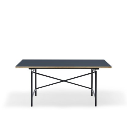 Eiermann 1 M Tisch (Mechanische Höhenverstellung), Linoleum rauchblau (Forbo 4179) mit Eichekante, 160 x 80 cm, Schwarz