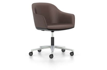 Softshell Armchair auf Fünfsternfuß, Aluminium poliert, Leder (Standard), Kastanie, Weich für harte Böden