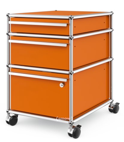 USM Haller Rollcontainer mit 3 Schubladen Typ 2 (mit Gegengewicht), Unterste Schublade mit Schloss, Reinorange RAL 2004