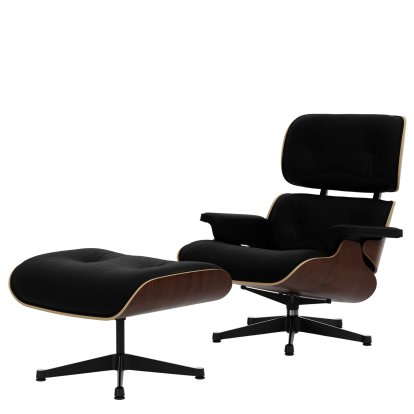 Eames Lounge Chair & Ottoman, Nussbaum dunkel, Leder Premium F nero, 89 cm, Aluminium poliert, Seiten schwarz