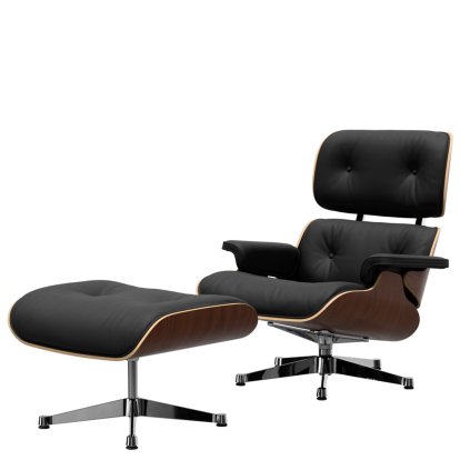 Eames Lounge Chair & Ottoman, Nussbaum dunkel, Leder Premium F nero, 89 cm, Aluminium poliert