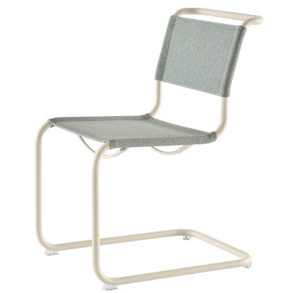 S 33 / S 34 V Soft Freischwinger, ohne Armlehnen, Perlweiß matt pulverbeschichtet, Stoff Cento ray - hellblau, Kunststoffgleiter transparent mit Filz