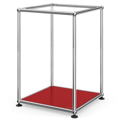 USM Haller Hoher Beistelltisch 35, Oben Glas, unten Metall, USM rubinrot