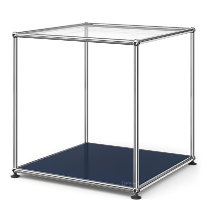 USM Haller Hoher Beistelltisch 50, Oben Glas, unten Metall, Stahlblau RAL 5011