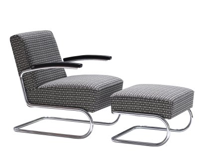 S 411 Freischwinger-Sessel, Stoff Facets, Verchromt, Mit Fußhocker, Ohne Gleiter