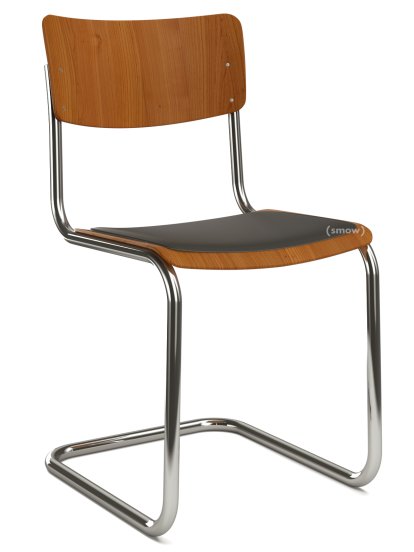 S 43 Klassik Freischwinger, Gestell verchromt, Buche gebeizt, Kirschbaumfarbig, Sitzauflage schwarz, gepolstert, Kunststoffgleiter schwarz mit Filz