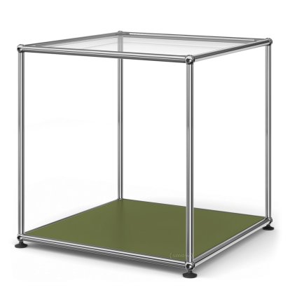 USM Haller Hoher Beistelltisch 50, Oben Glas, unten Metall, Olivgrün RAL 6003