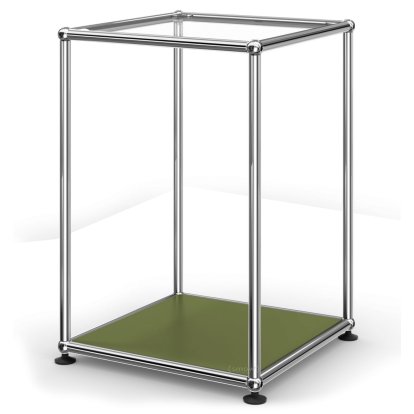 USM Haller Hoher Beistelltisch 35, Oben Glas, unten Metall, Olivgrün RAL 6003