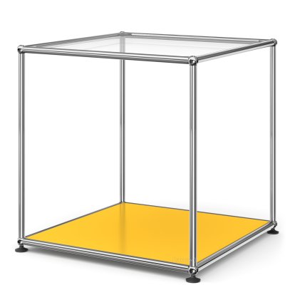 USM Haller Hoher Beistelltisch 50, Oben Glas, unten Metall, Goldgelb RAL 1004
