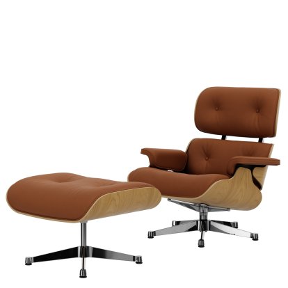 Eames Lounge Chair & Ottoman, Kastanie natur, Leder Premium F cognac, 84 cm - Originalhöhe 1956, Aluminium poliert