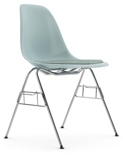 Eames Plastic Side Chair DSS / DSS-N, Eisgrau, Mit Sitzpolster, Eisblau / elfenbein, Mit Reihenverbindung (DSS)