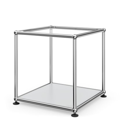 USM Haller Beistelltisch 35, Oben Glas, unten Metall, USM mattsilber