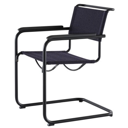 S 33 / S 34 V Soft Freischwinger, mit Armlehnen Buche gebeizt schwarz, Tiefschwarz matt pulverbeschichtet, Stoff Cento deep - dunkelblau, Kunststoffgleiter schwarz mit Filz