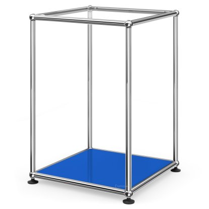 USM Haller Hoher Beistelltisch 35, Oben Glas, unten Metall, Enzianblau RAL 5010