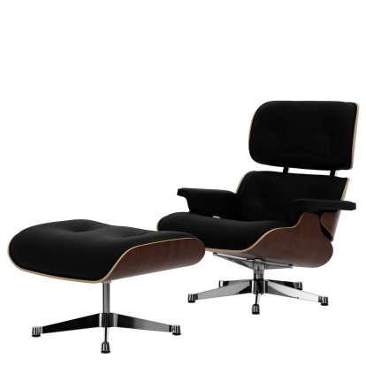 Eames Lounge Chair & Ottoman, Nussbaum dunkel, Leder Premium F nero, 89 cm, Aluminium poliert