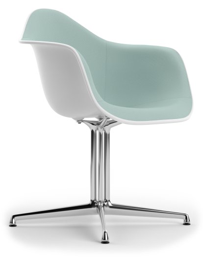 Eames Plastic Armchair DAL, Cotton white, Mit Vollpolsterung, Eisblau / elfenbein, Aluminium poliert, Neue Sitzhöhe (43,0 cm)