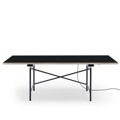 Eiermann 1 E Tisch (Elektrische Höhenverstellung), Linoleum schwarz (Forbo 4023) mit Eichekante, 200 x 90 cm, Schwarz, Mit Kabelkanal