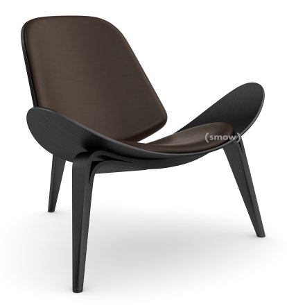 CH07 Shell Stuhl, Eiche schwarz lackiert, Leder braun