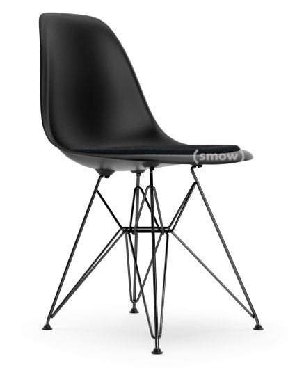 Eames Plastic Side Chair DSR, Tiefschwarz, Mit Sitzpolster, Nero, Standardhöhe - 43 cm, Beschichtet basic dark