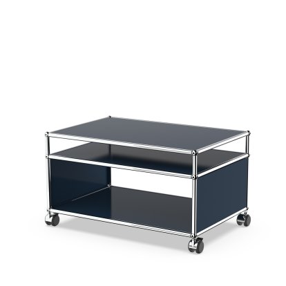 USM Haller Beistelltisch mit Aufsatz und Rollen, Stahlblau RAL 5011, Weich für harte Böden