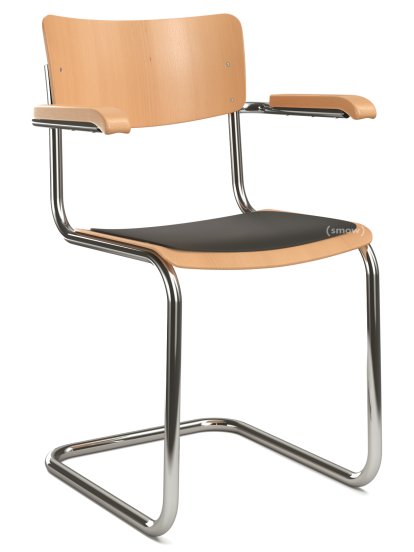 S 43 F Klassik Freischwinger, Gestell verchromt, Buche gebeizt, Buche, klar lackiert, Sitzauflage schwarz, ungepolstert, Ohne Gleiter