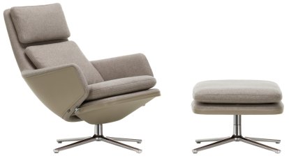 Grand Relax Loungesessel, Mit Ottoman, Stoff Cosy, fossil / Leder Forte, sand, Poliert, 46,5 cm