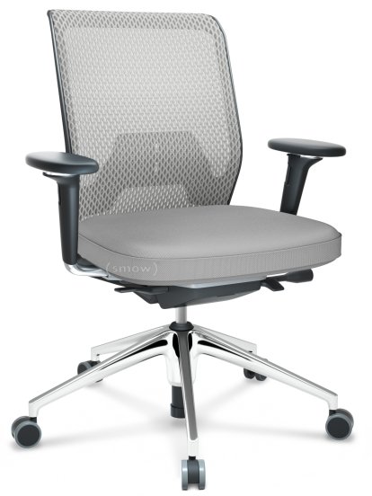 ID Mesh, FlowMotion-mit Vorwärtsneigung, mit Sitztiefenverstellung, Mit 3D-Armlehnen, 5-Stern Untergestell, Aluminium poliert, Basic dark, Sitz Silk Mesh, Rücken Diamond Mesh, Soft grey, Weich für harte Böden