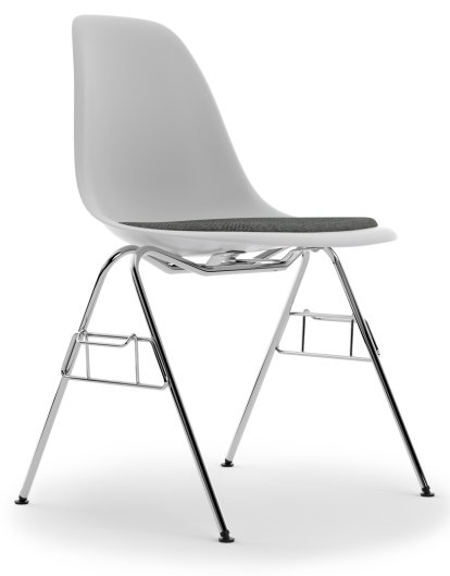 Eames Plastic Side Chair DSS / DSS-N, Cotton white, Mit Sitzpolster, Nero / elfenbein, Mit Reihenverbindung (DSS)