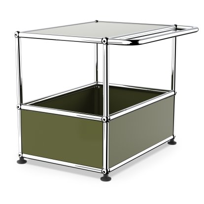 USM Haller Bartisch, Mit Stoßbügeln, Olivgrün RAL 6003, Nivellierfüße