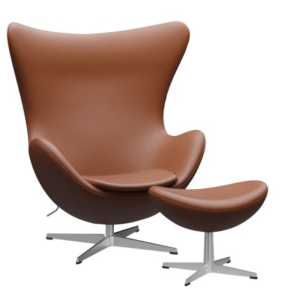 Egg Chair, Leder Essential, Walnut, Satingebürstetes Aluminium, Mit Fußhocker
