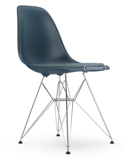 Eames Plastic Side Chair DSR, Meerblau, Mit Sitzpolster, Eisblau / moorbraun, Standardhöhe - 43 cm, Verchromt