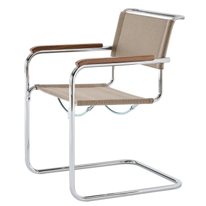 S 33 / S 34 V Soft Freischwinger, mit Armlehnen Nussbaum geölt, Verchromt, Stoff Nobel 61297 - beige, Kunststoffgleiter schwarz mit Filz