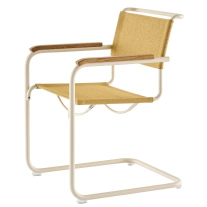 S 33 / S 34 V Soft Freischwinger, mit Armlehnen Eiche geölt, Perlweiß matt pulverbeschichtet, Stoff Cento corn - sand, Kunststoffgleiter transparent mit Filz
