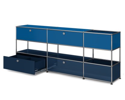 USM Haller Kinder Sideboard L mit Aufbewahrungsboxen, Zweifarbig, Enzianblau RAL 5010 - Stahlblau RAL 5011, Mit Auszügen (inkl. Einlegerahmen)