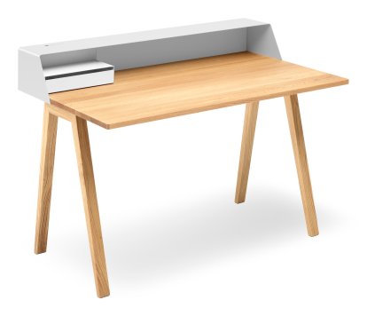 PS04 / PS05 Sekretär, B 120 x T 75 cm (PS05), Reinweiß (RAL 9010), Eiche geölt, Mit Elektrobox