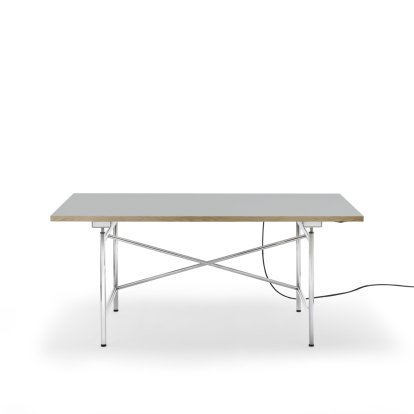 Eiermann 1 E Tisch (Elektrische Höhenverstellung), Linoleum aschgrau (Forbo 4132) mit Eichekante, 160 x 80 cm, Chrom, Mit Kabelkanal