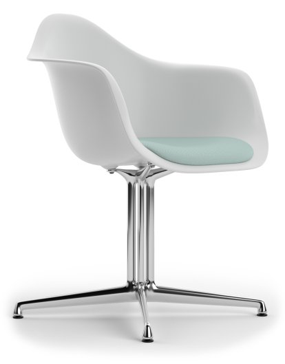Eames Plastic Armchair DAL, Cotton white, Mit Sitzpolster, Eisblau / elfenbein, Aluminium poliert, Neue Sitzhöhe (43,0 cm)