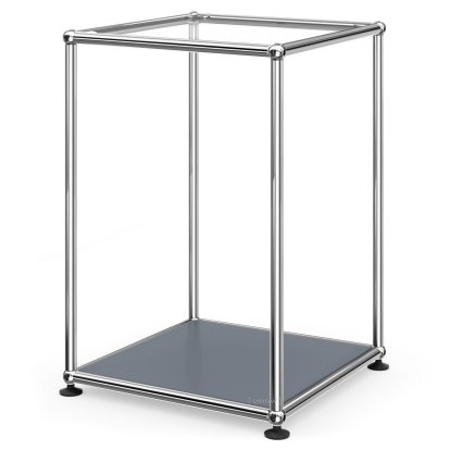 USM Haller Hoher Beistelltisch 35, Oben Glas, unten Metall, Mittelgrau RAL 7005