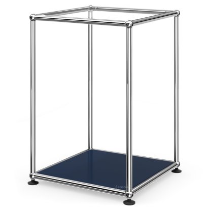 USM Haller Hoher Beistelltisch 35, Oben Glas, unten Metall, Stahlblau RAL 5011