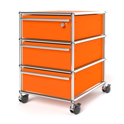 USM Haller Rollcontainer mit 3 Schubladen Typ 1 (mit Gegengewicht), Oberste Schublade mit Schloss, Reinorange RAL 2004