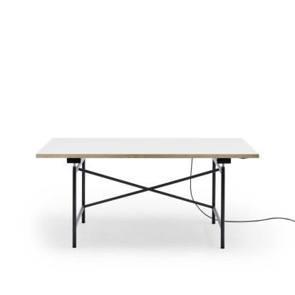 Eiermann 1 E Tisch (Elektrische Höhenverstellung), Melamin weiß mit Eichekante, 160 x 80 cm, Schwarz, Ohne Kabelkanal