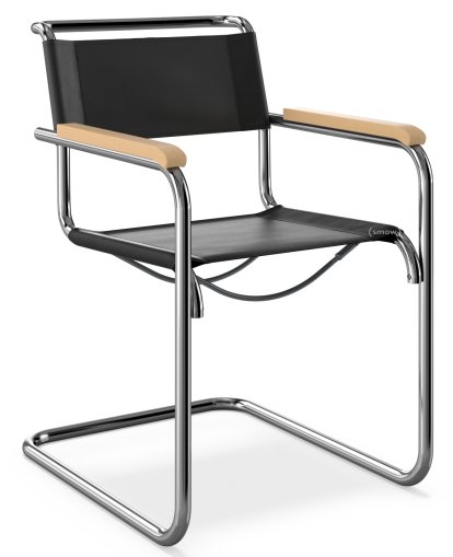 S 33 / S 34 Freischwinger, mit Armlehnen Buche gebeizt natur, Kernleder, schwarz, Ohne Gleiter