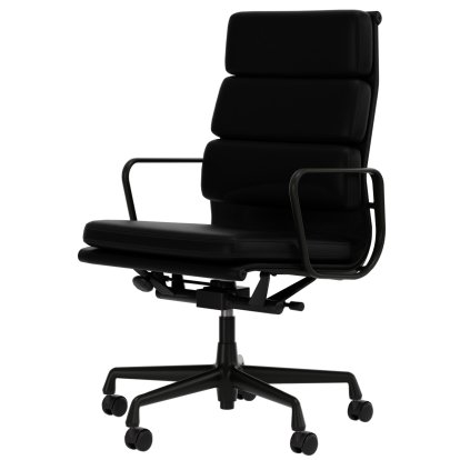 Soft Pad Chair EA 219, Aluminium tiefschwarz pulverbeschichtet, Leder Standard nero, Plano nero, Hart für Teppichboden